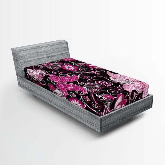 Ambesonne Floral Fitted Sheet, Oriental Flowers on Dark, Twin Size, Charcoal Grey Magenta