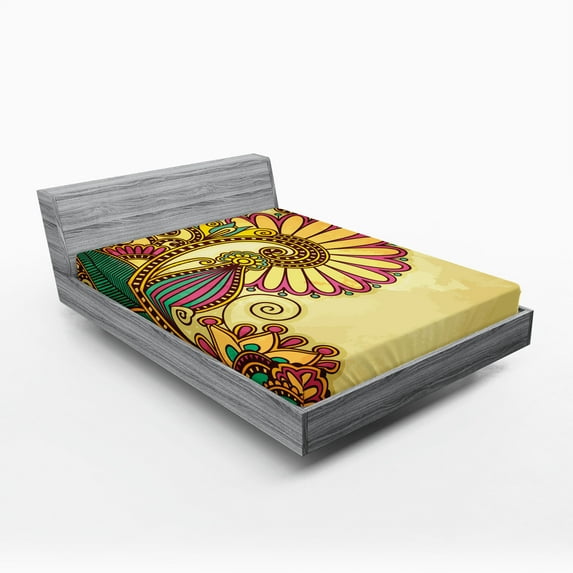 Ambesonne Floral Fitted Sheet, Paisley Flowers Leaves, Full Size, Multicolor