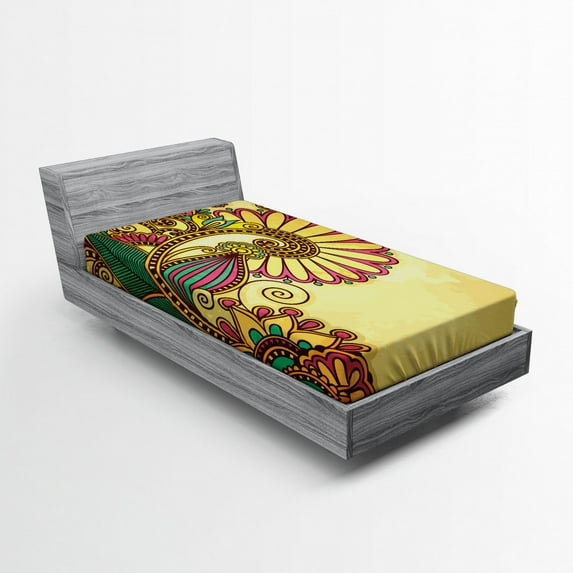 Ambesonne Floral Fitted Sheet, Paisley Flowers Leaves, Twin Size, Multicolor