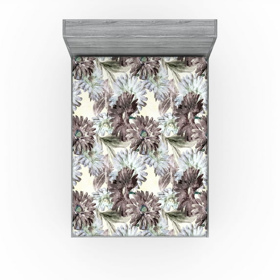 Ambesonne Floral Fitted Sheet, Pastel Gerbera Artwork Retro, California King, Ivory and Dark Warm Taupe