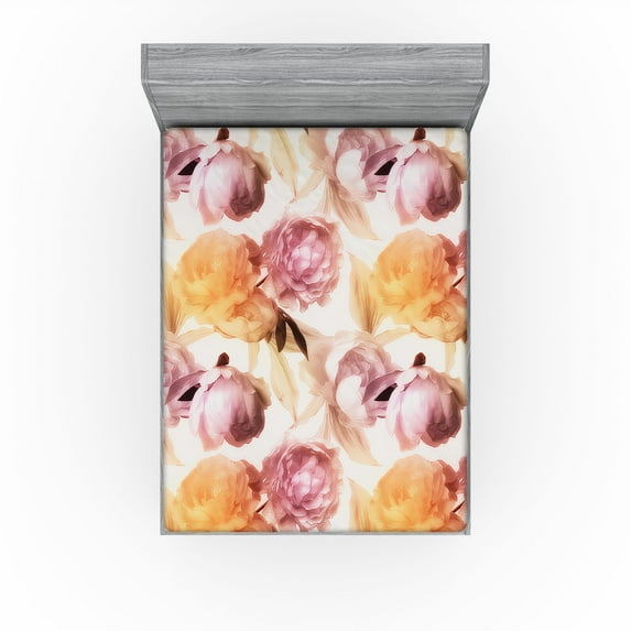 Ambesonne Floral Fitted Sheet, Pastel Peony Petals Romance, King Size, Pale Pink and Dark Peach