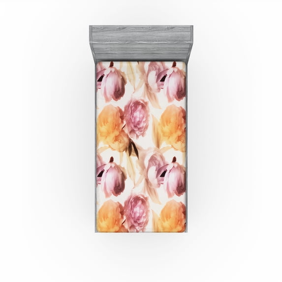 Ambesonne Floral Fitted Sheet, Pastel Peony Petals Romance, Twin Size, Pale Pink and Dark Peach