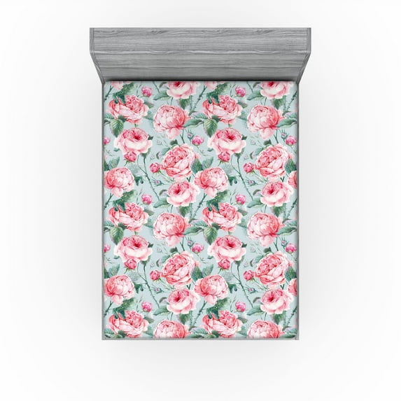 Ambesonne Floral Fitted Sheet, Pastel Pink Peony Flowers, Full Size, Pale Blue Pastel Pink
