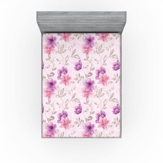 Ambesonne Floral Fitted Sheet, Pastel Soft Flowers Motif, California King, Pale Rose Purple Blush