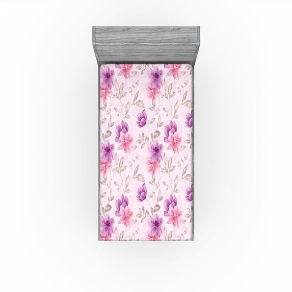 Ambesonne Floral Fitted Sheet, Pastel Soft Flowers Motif, Twin XL Size, Pale Rose Purple Blush