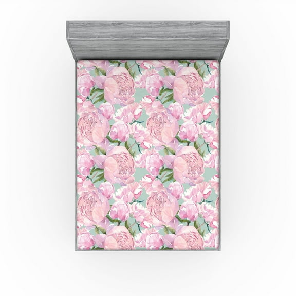 Ambesonne Floral Fitted Sheet, Pastel Tone Peony Flowers, California King, Pale Pink Almond Green
