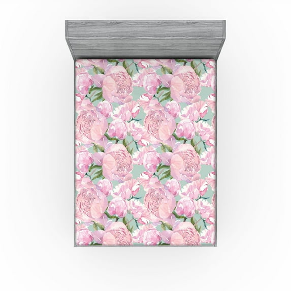 Ambesonne Floral Fitted Sheet, Pastel Tone Peony Flowers, King Size, Pale Pink Almond Green