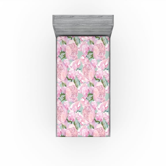 Ambesonne Floral Fitted Sheet, Pastel Tone Peony Flowers, Twin XL Size, Pale Pink Almond Green