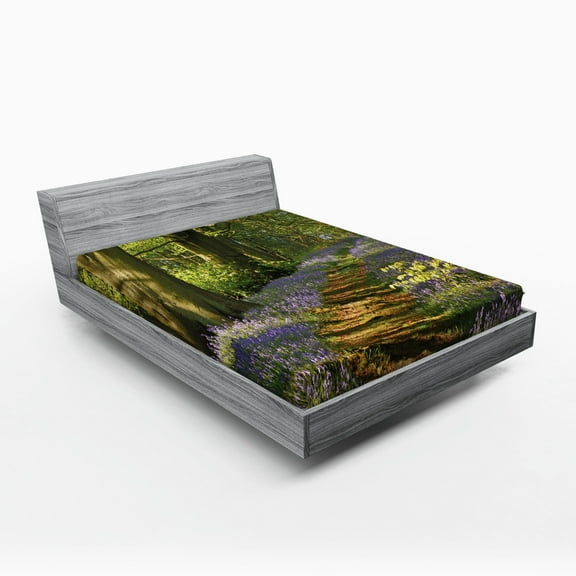 Ambesonne Floral Fitted Sheet, Path Between Bluebells, Full Size, Green Purple Brown