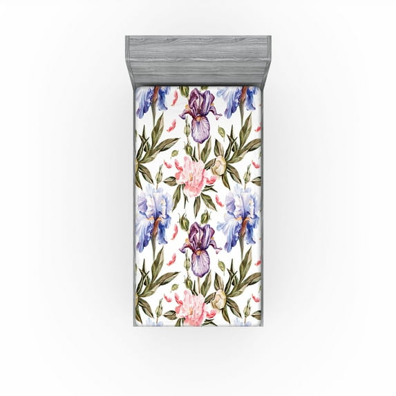 Ambesonne Floral Fitted Sheet, Pattern of Iris Flowers Art, Twin Size, Sage Green and Multicolor