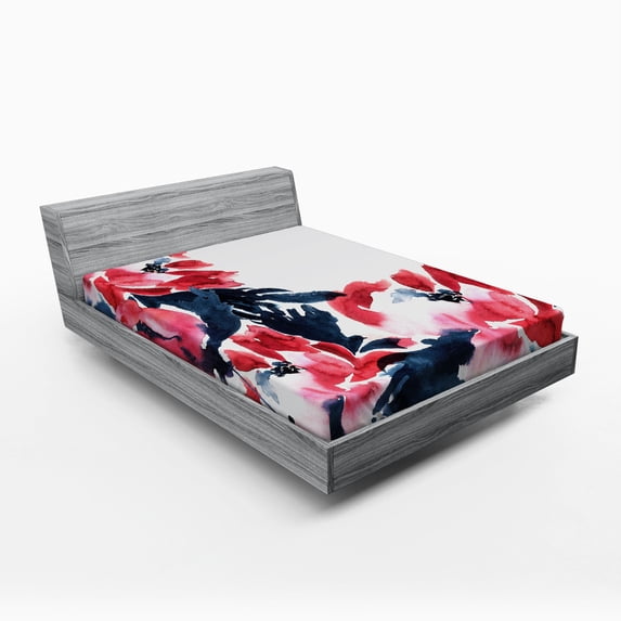 Ambesonne Floral Fitted Sheet, Peonies Spring Inspired, Full Size, Dark Blue Red