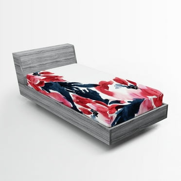 Ambesonne Floral Fitted Sheet, Peonies Spring Inspired, Twin XL Size, Dark Blue Red