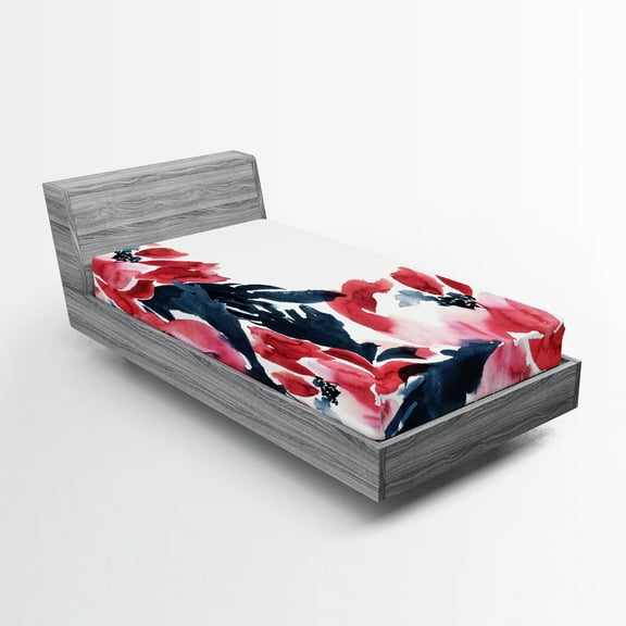 Ambesonne Floral Fitted Sheet, Peonies Spring Inspired, Twin XL Size, Dark Blue Red