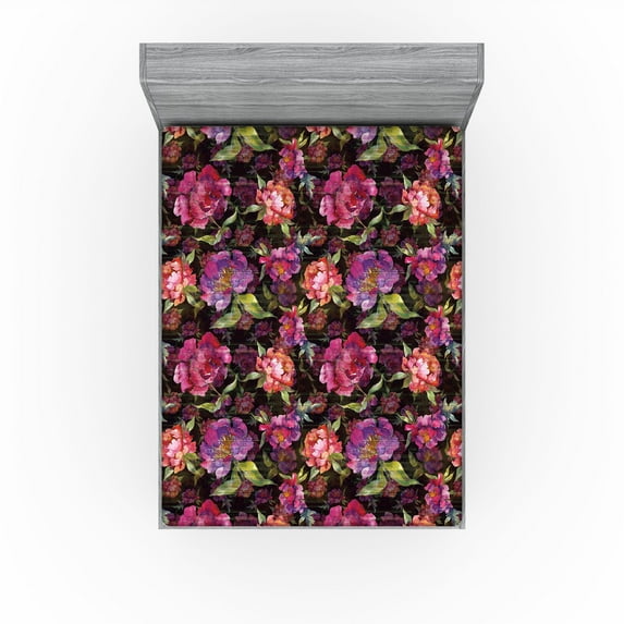 Ambesonne Floral Fitted Sheet, Peony Flowers Spring Vibes, California King, Purple Pink Salmon