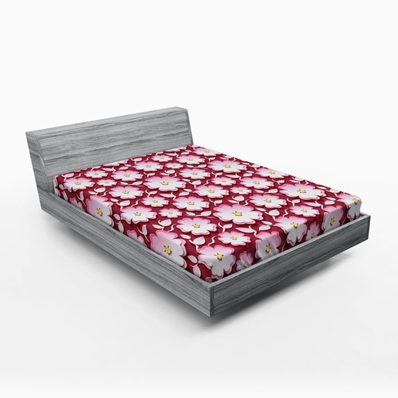 Ambesonne Floral Fitted Sheet, Petal of Japanese Cherry, Full Size, Pale Pink Maroon Yellow