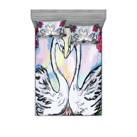 Ambesonne Floral Fitted Sheet & Pillow Sham Set, 2 White Swans in Lake, Full, Multicolor