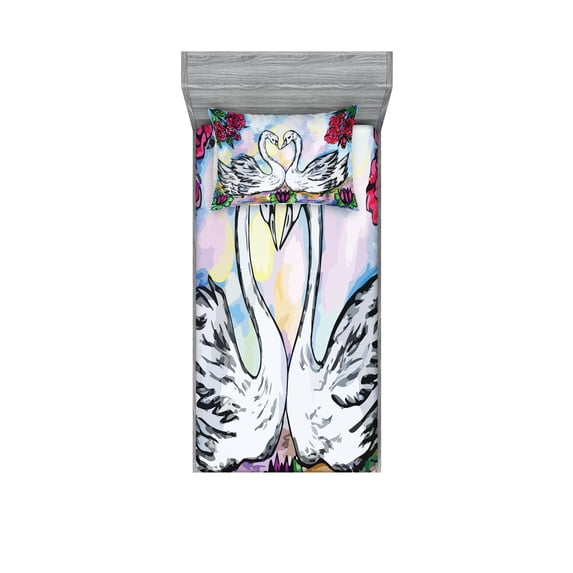 Ambesonne Floral Fitted Sheet & Pillow Sham Set, 2 White Swans in Lake, Twin, Multicolor