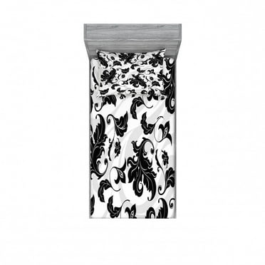 Ambesonne Floral Fitted Sheet & Pillow Sham Set, Abstract Leaf Ivy Swirl, Twin, Pale Grey White