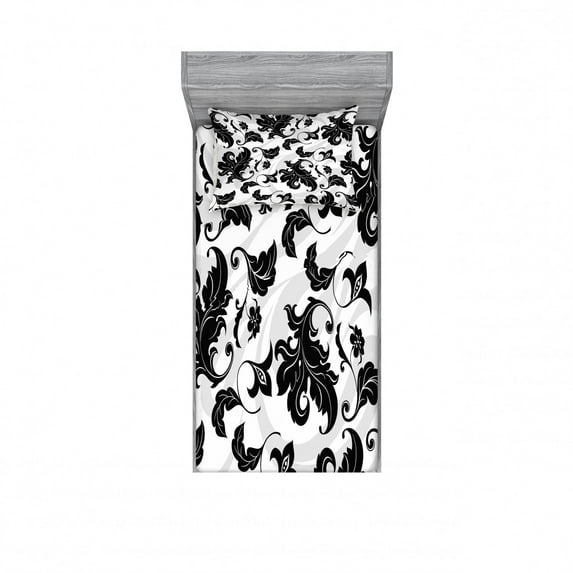 Ambesonne Floral Fitted Sheet & Pillow Sham Set, Abstract Leaf Ivy Swirl, Twinxl, Pale Grey White