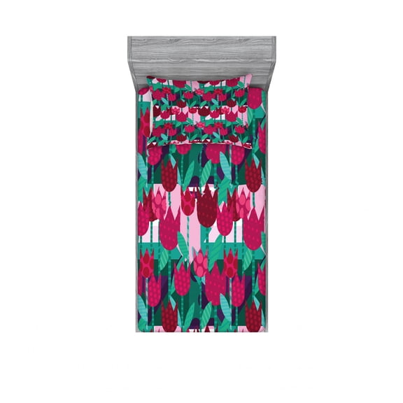 Ambesonne Floral Fitted Sheet & Pillow Sham Set, Abstract Tulips Flowers, Twin, Jade Green and Red