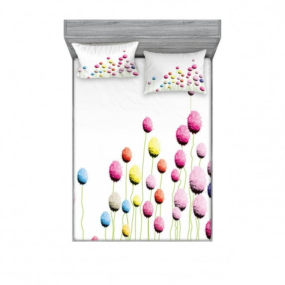 Ambesonne Floral Fitted Sheet & Pillow Sham Set, Amaranth Flower Pattern, Full, Multicolor