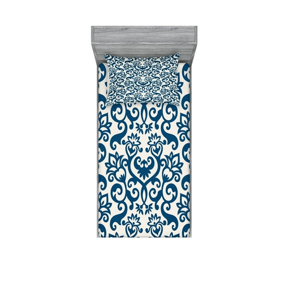 Ambesonne Floral Fitted Sheet & Pillow Sham Set, Antique Damask Curvy Art, Twin, Blue White