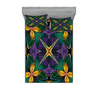 Ambesonne Floral Fitted Sheet & Pillow Sham Set, Antique Window Style, Queen, Green Purple