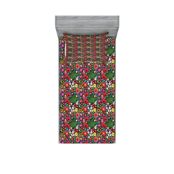 Ambesonne Floral Fitted Sheet & Pillow Sham Set, Asters Chamomiles and Ferns, Twinxl, Multicolor
