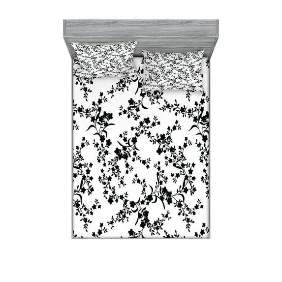 Ambesonne Floral Fitted Sheet & Pillow Sham Set, Baroque Blooms Vintage, Full, Black and White