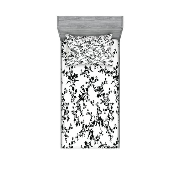 Ambesonne Floral Fitted Sheet & Pillow Sham Set, Baroque Blooms Vintage, Twinxl, Black and White