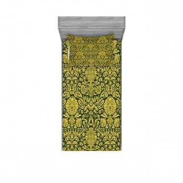 Ambesonne Floral Fitted Sheet & Pillow Sham Set, Baroque Flowers Motif, Twin, Green Earth Yellow