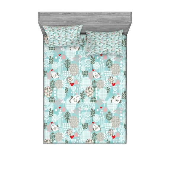 Ambesonne Floral Fitted Sheet & Pillow Sham Set, Birds Hearts Flowers, Full, Teal White Red