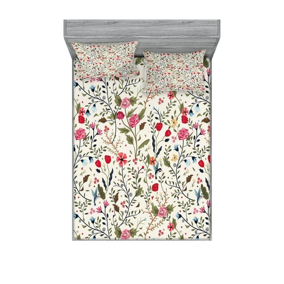 Ambesonne Floral Fitted Sheet & Pillow Sham Set, Birds Roses Polka Dots, Full, Multicolor