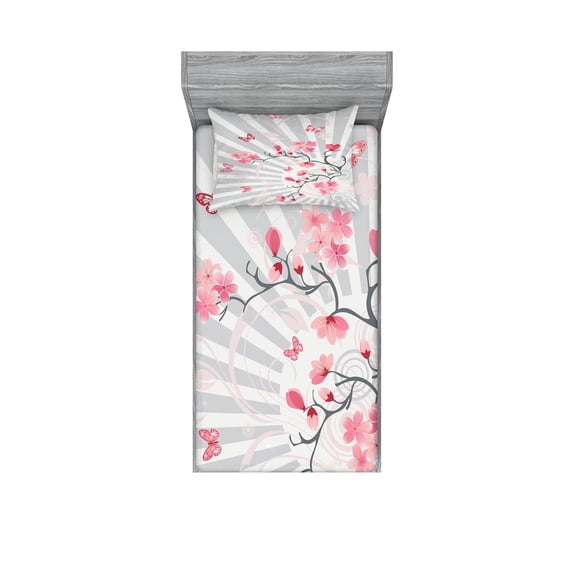 Ambesonne Floral Fitted Sheet & Pillow Sham Set, Birds on Cherry Tree, Twin, Pale Grey Pink