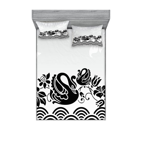 Ambesonne Floral Fitted Sheet & Pillow Sham Set, Black Swans and Flowers, Full, Black White