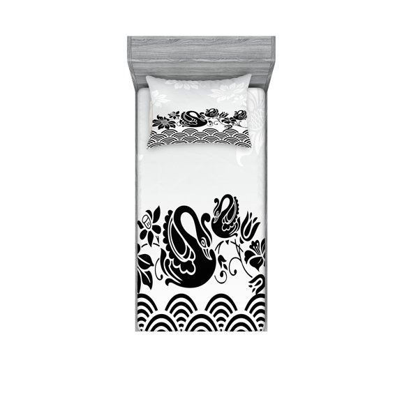 Ambesonne Floral Fitted Sheet & Pillow Sham Set, Black Swans and Flowers, Twinxl, Black White