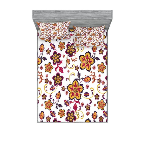 Ambesonne Floral Fitted Sheet & Pillow Sham Set, Blooming Flower Pattern, Full, Yellow Purple Magenta