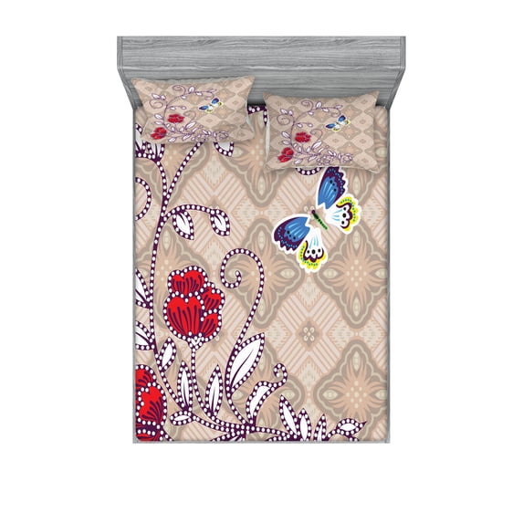 Ambesonne Floral Fitted Sheet & Pillow Sham Set, Blooming Flower Retro, Full, Multicolor