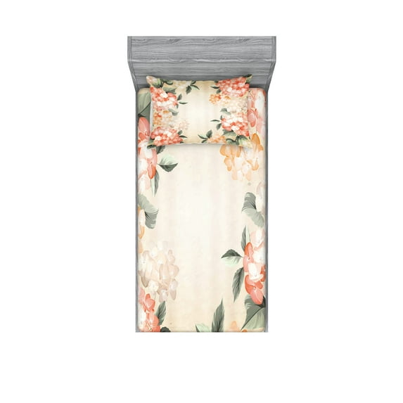 Ambesonne Floral Fitted Sheet & Pillow Sham Set, Blooming Hydrangea Flowers, Twin, Reseda Green Salmon