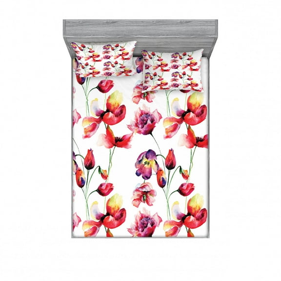 Ambesonne Floral Fitted Sheet & Pillow Sham Set, Blooming Tulip Poppy, Queen, Red White