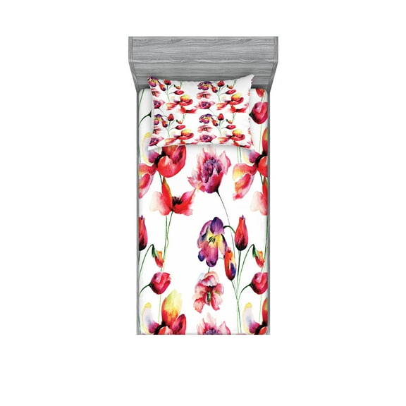 Ambesonne Floral Fitted Sheet & Pillow Sham Set, Blooming Tulip Poppy, Twin, Red White