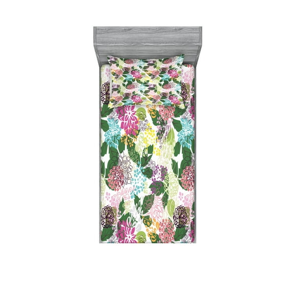 Ambesonne Floral Fitted Sheet & Pillow Sham Set, Blooms Beauty, Twin, Multicolor