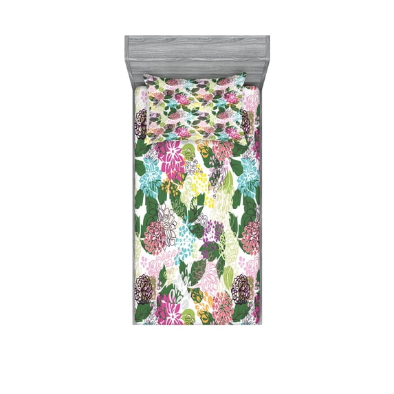Ambesonne Floral Fitted Sheet & Pillow Sham Set, Blooms Beauty, Twin, Multicolor