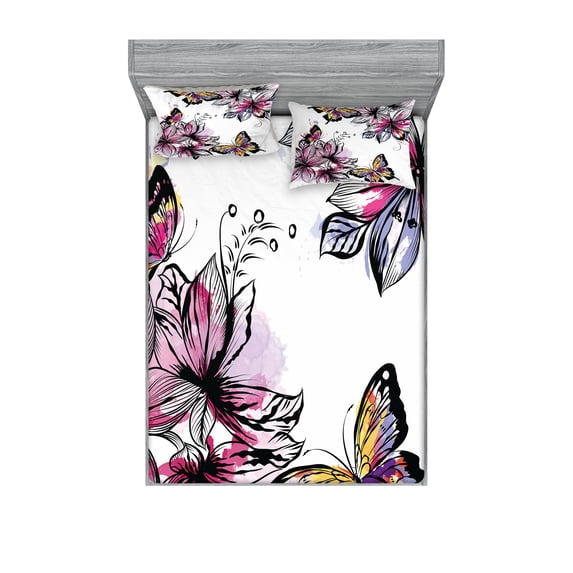 Ambesonne Floral Fitted Sheet & Pillow Sham Set, Blooms Botany Colorful, Full, Multicolor