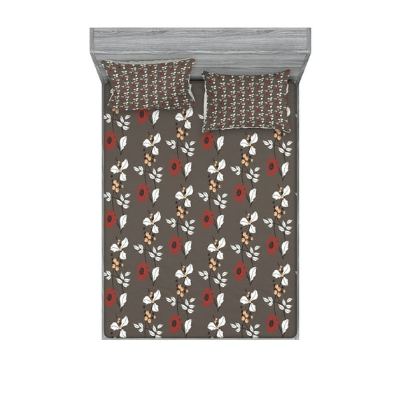 Ambesonne Floral Fitted Sheet & Pillow Sham Set, Blooms Leaves Branches, Queen, White Peach Taupe