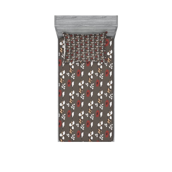 Ambesonne Floral Fitted Sheet & Pillow Sham Set, Blooms Leaves Branches, Twin, White Peach Taupe