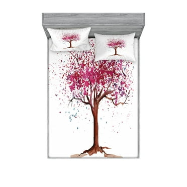 Ambesonne Floral Fitted Sheet & Pillow Sham Set, Blossom Buds Sakura Tree, Queen, Magenta Redwood