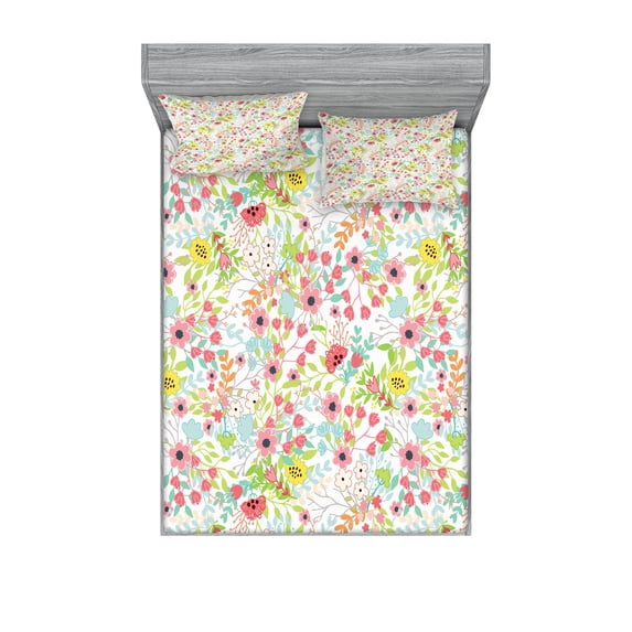 Ambesonne Floral Fitted Sheet & Pillow Sham Set, Blossoming Garden Art Design, Full, Multicolor
