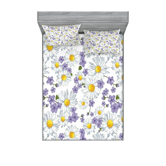 Ambesonne Floral Fitted Sheet & Pillow Sham Set, Blossoming Wild Flowers, Queen, White Yellow Purple