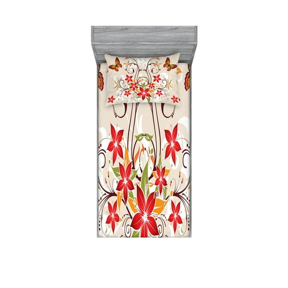 Ambesonne Floral Fitted Sheet & Pillow Sham Set, Blossoms Bouquet Botany, Twin, Beige Green Red